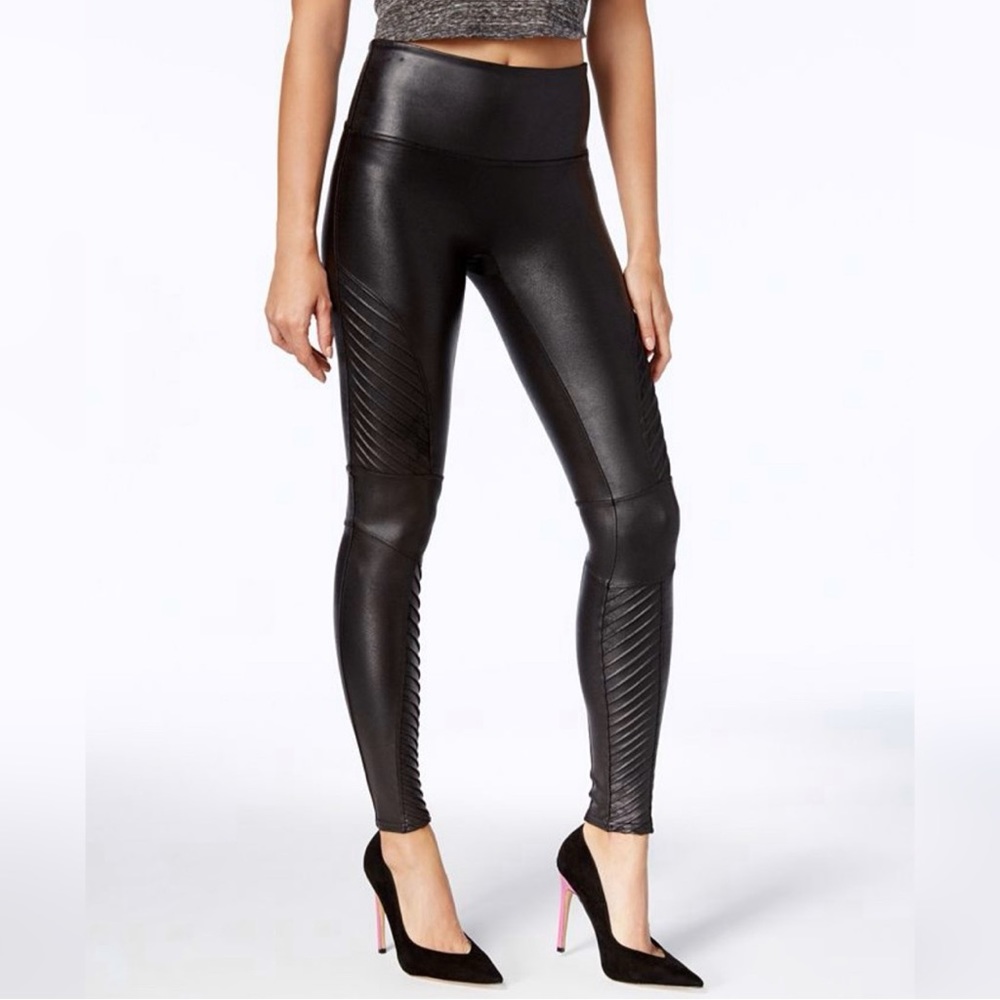 Spanx Leggings Black Moto Style Faux Leather Athletic Casual Pants Small Petite